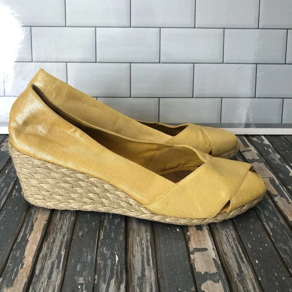 Lauren Ralph Lauren Cecilia Wedges Womens 10B Linen Espadrille Yellow Shimmer